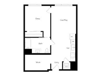 A floor plan of a small apartment with a sleeping area, a work area, a bathroom, a live/play area, and an entry way.