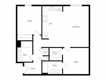 A floor plan of a house with a sleeping area, a living/play area, a bathroom, and an entry point.