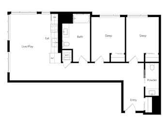 A floor plan of a house with a living room, two bedrooms, a bathroom, and a powder room.