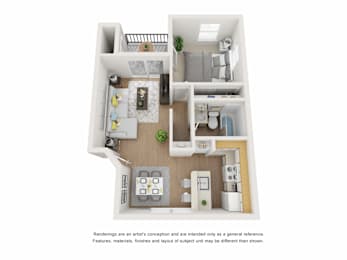 A top-down view of a small apartment with a kitchen, living room, and bedroom.