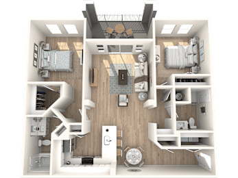A 3D floor plan of a house with a kitchen, living room, and bedrooms.