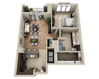 A 3D floor plan of a two-bedroom apartment with a living room, kitchen, and bathroom.