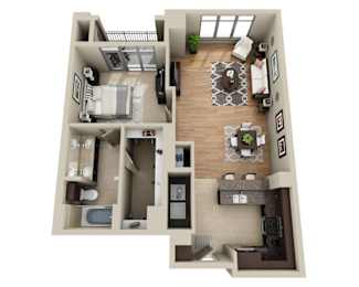 A 3D rendered image of a house layout.