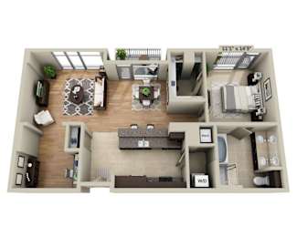 A floor plan of a two-bedroom apartment with a living room, kitchen, and bathroom.