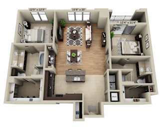 A 3D floor plan of a two-story apartment with a living room, kitchen, and bedrooms.