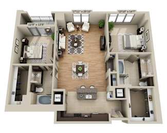 A 3D floor plan of a two-bedroom apartment with a living room, kitchen, and bathroom.