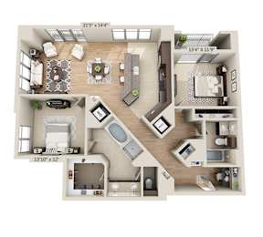 A floor plan of a two-bedroom apartment with a living room, kitchen, and bathroom.