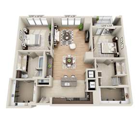 A 3D floor plan of a two-bedroom apartment with a living room, kitchen, and bathroom.