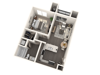 A 3D floor plan of a house with a kitchen, living room, and two bedrooms.