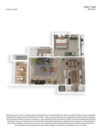 3D floor plan for one bedroom one bathroom layout at Canyon Creek Apartments, Wilsonville, 97070