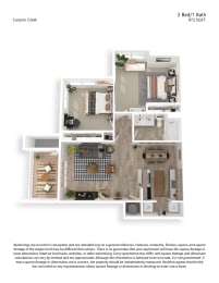 3D floor plan for two bedroom one bathroom layout at Canyon Creek Apartments, Wilsonville, Oregon