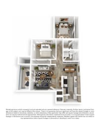 3D floor plan with two bedrooms and open living space at Brookside112 Apartments, Washington, 98682