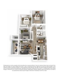 3D floor plan with three bedrooms and open living area at Brookside112 Apartments, Vancouver, WA 98682