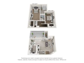 a stylized view of a 2 bedroom floor plan and a floor plan of a