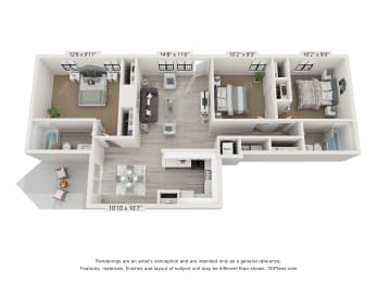 a stylized floor plan of a 3 bedroom apartment