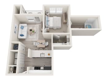 a stylized floor plan with a bedroom and a bathroom