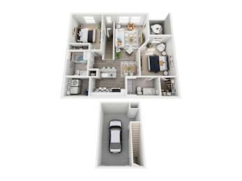 A top-down view of a house with a car parked in the driveway.