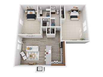 A top-down view of a small apartment with a kitchen, living room, and bathroom.