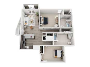 A top-down view of a small apartment with a kitchen, living room, and bedroom.