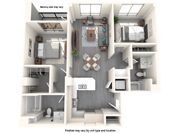 A 3D floor plan of a house showing a kitchen, living room, and bathroom.