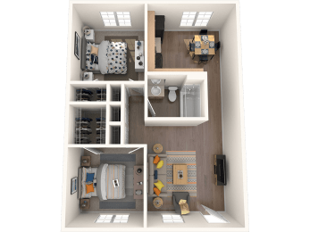 a rendering of a 3d floor plan with a bedroom and a living room at Westmount at Downtown Tempe, Tempe, AZ