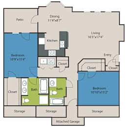 A floor plan of a house with a living area, two bedrooms, a kitchen, a dining area, a bathroom, and an attached garage.