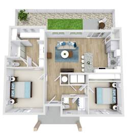 A 3D floor plan of a house with a living room, kitchen, and two bedrooms.