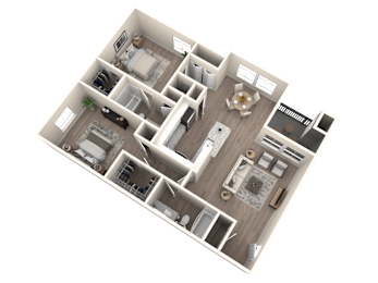 A 3D floor plan of a house with a kitchen, living room, and two bedrooms.