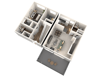 A 3D image of a house layout with two bedrooms, a living room, a kitchen, a bathroom, and a garage.