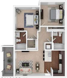 A floor plan of a small apartment with a living room, kitchen, and bathroom.
