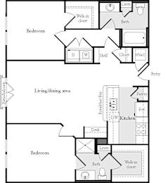 A floor plan of a house with two bedrooms, a living/dining area, a kitchen, a pantry, a bath, a linen closet, and a walk-in closet.
