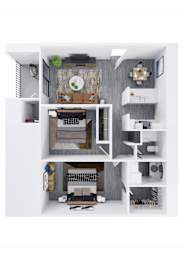 A top-down view of a modern apartment with a kitchen, living room, and bedroom.