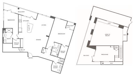 A floor plan of a two story home with a balcony on the second floor.