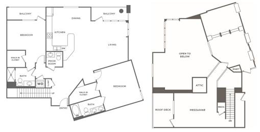 A floor plan of a house with two balconies, a dining area, a kitchen, a living room, two bedrooms, a bathroom, a washbasin, a toilet, a waste bin, a water clos