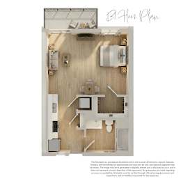 A 3D floor plan of a small apartment with a kitchen, living room, and bathroom.