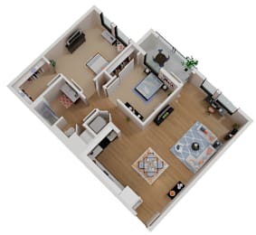 A top down view of a house interior with a kitchen, living room, dining room, and bathroom.