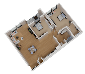 A 3D rendered image of a house layout.