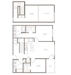 A floor plan of a house with a living room, kitchen, and bathroom.