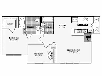 A floor plan of a house with a living room, dining room, kitchen, two bathrooms, and three bedrooms.