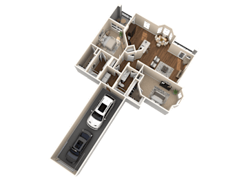 A 3D rendered image of a house layout.