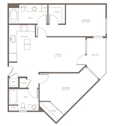A floor plan of a two-bedroom apartment with a living room, kitchen, and bathroom.