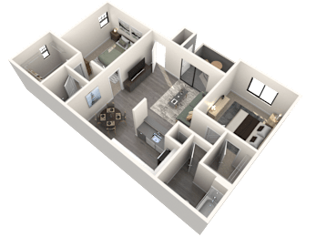 A 3D image of a house layout with a living room, kitchen, and two bedrooms.