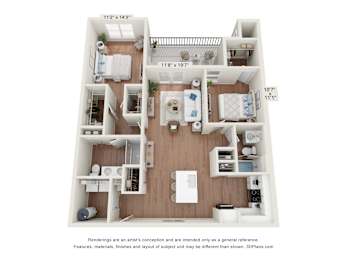 A 3D floor plan of a house with a kitchen, living room, and two bedrooms.