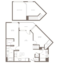 A floor plan of a two-story house with a mezzanine and balcony.