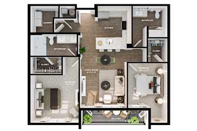A floor plan of an apartment with a living room, kitchen, and two bathrooms.