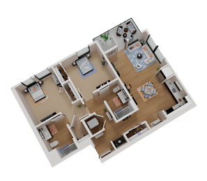 A 3D rendered image of a house layout.
