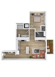 A top-down view of a modern apartment layout with a living room, kitchen, and bedroom.