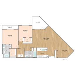 A floor plan of a home with two bedrooms, a living room, a den/office, a bathroom, a kitchen, and a closet.