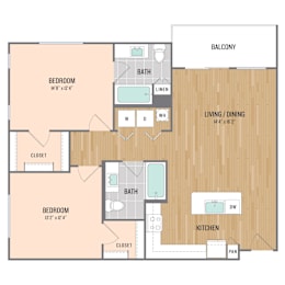 A floor plan of a house with two bedrooms, a living area, a kitchen, and a bathroom.