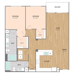 A floor plan of an apartment with two bedrooms, a living room, a dining room, a kitchen, two bathrooms, and a balcony.